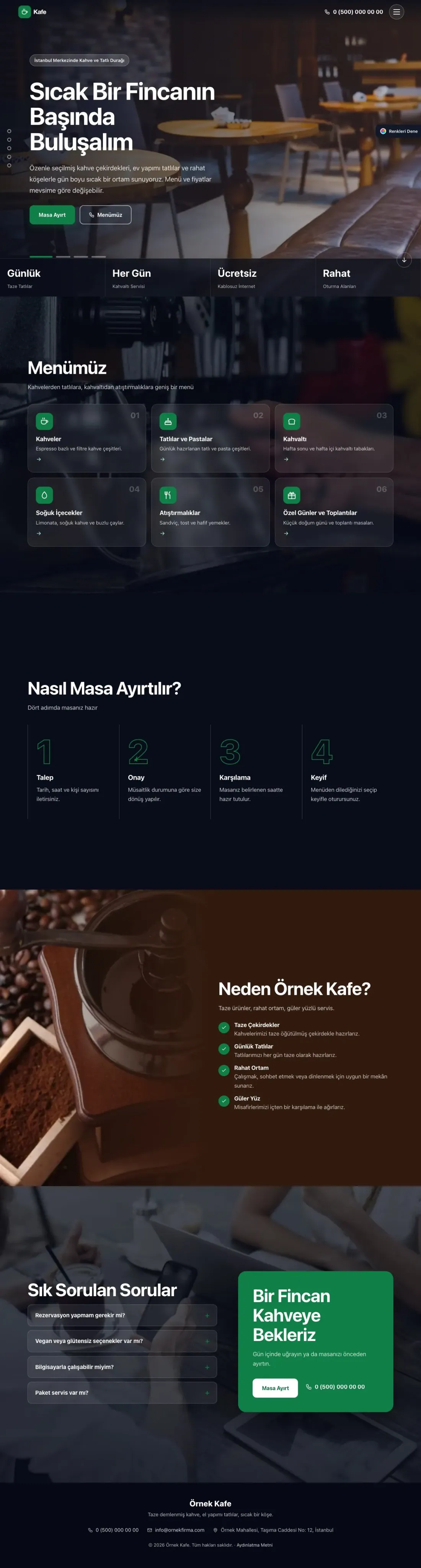Kafe için Tam Ekran Kahve Yeşil – Kafe Web Sitesi ana sayfa görünümü
