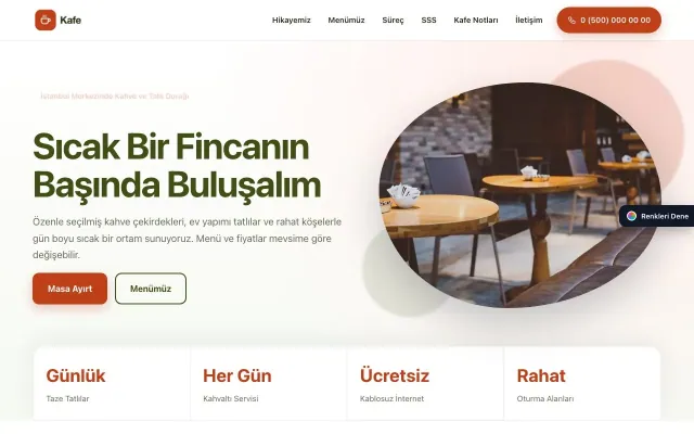 Kafe için Tek Sayfa Yeşil Turuncu – Kafe Web Sitesi ana sayfa görünümü