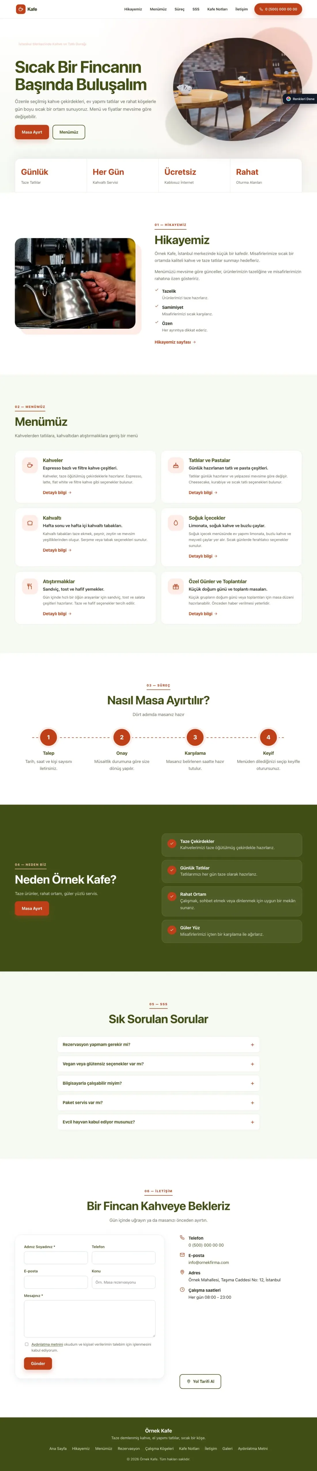Kafe için Tek Sayfa Yeşil Turuncu – Kafe Web Sitesi ana sayfa görünümü
