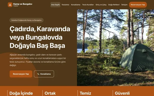 Blok Kahve Turuncu – Kamp ve Bungalov Web Sitesi ana sayfa görünümü