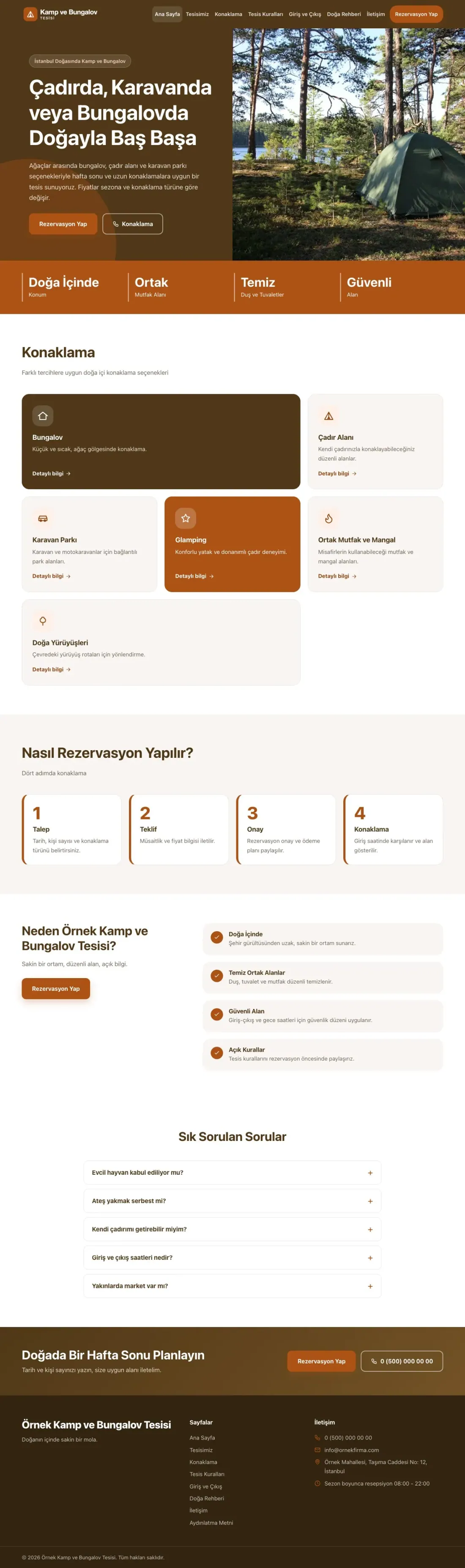 Blok Kahve Turuncu – Kamp ve Bungalov Web Sitesi ana sayfa görünümü