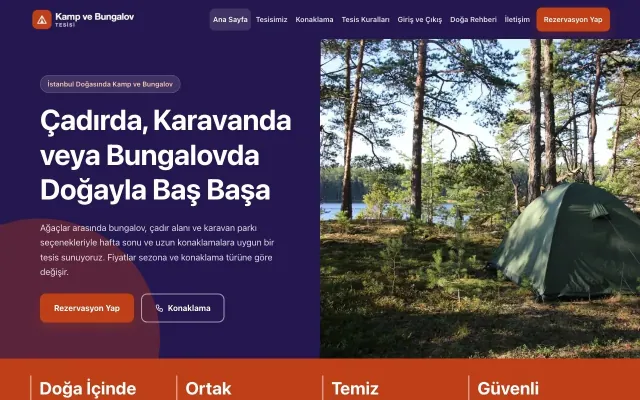 Blok Lacivert Turuncu – Kamp ve Bungalov Web Sitesi ana sayfa görünümü