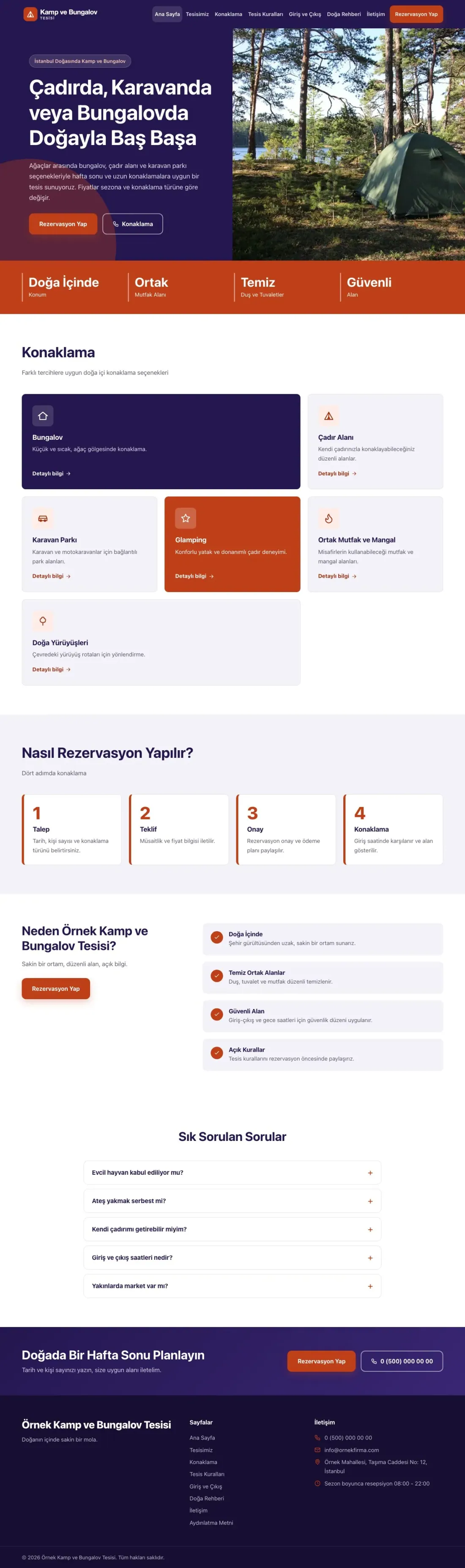 Blok Lacivert Turuncu – Kamp ve Bungalov Web Sitesi ana sayfa görünümü