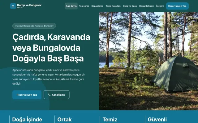 Blok Petrol Turkuaz – Kamp ve Bungalov Web Sitesi ana sayfa görünümü