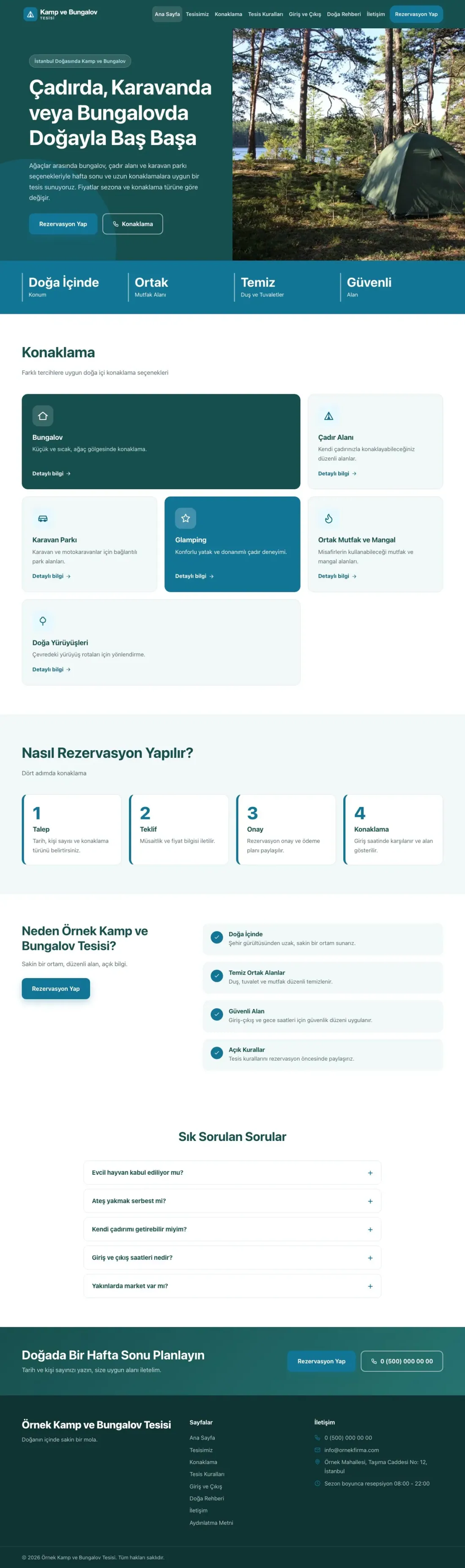 Blok Petrol Turkuaz – Kamp ve Bungalov Web Sitesi ana sayfa görünümü