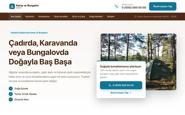 Bölünmüş Kahve Turkuaz – Kamp ve Bungalov Web Sitesi ana sayfa görünümü