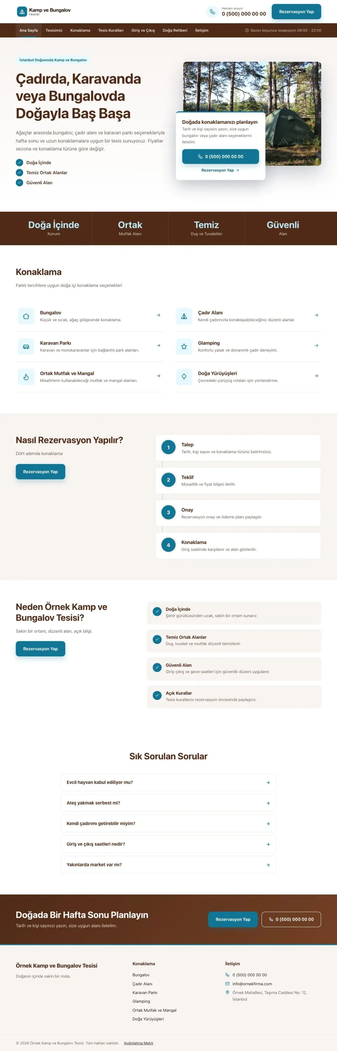 Bölünmüş Kahve Turkuaz – Kamp ve Bungalov Web Sitesi ana sayfa görünümü