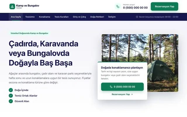 Bölünmüş Lacivert Turkuaz – Kamp ve Bungalov Web Sitesi ana sayfa görünümü