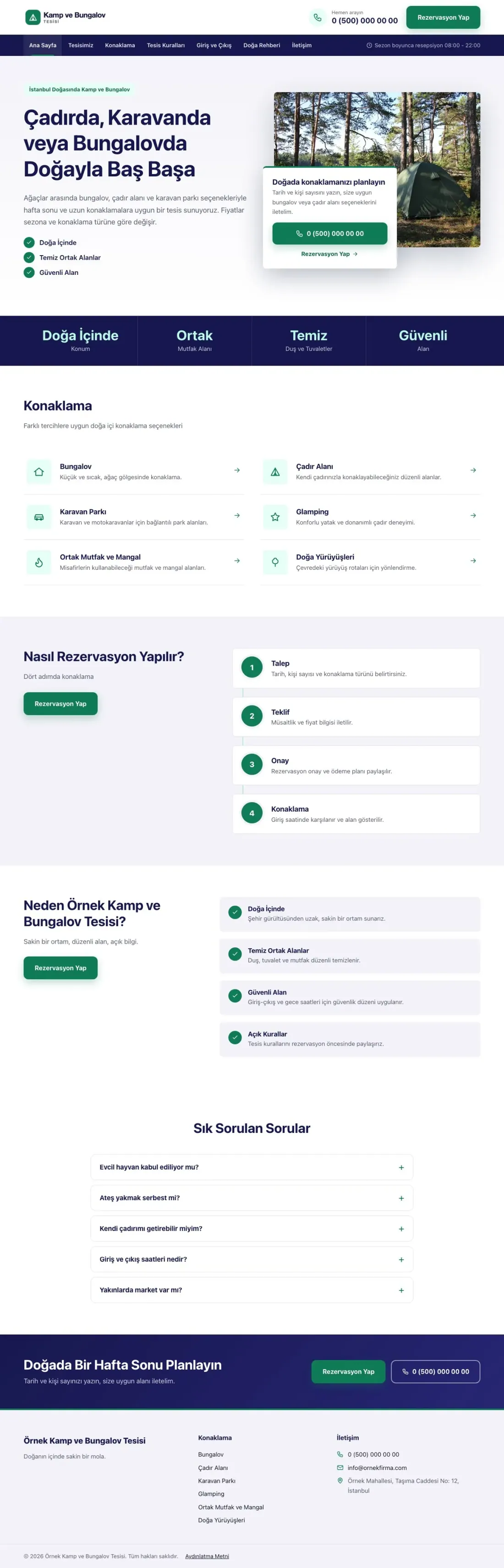 Bölünmüş Lacivert Turkuaz – Kamp ve Bungalov Web Sitesi ana sayfa görünümü