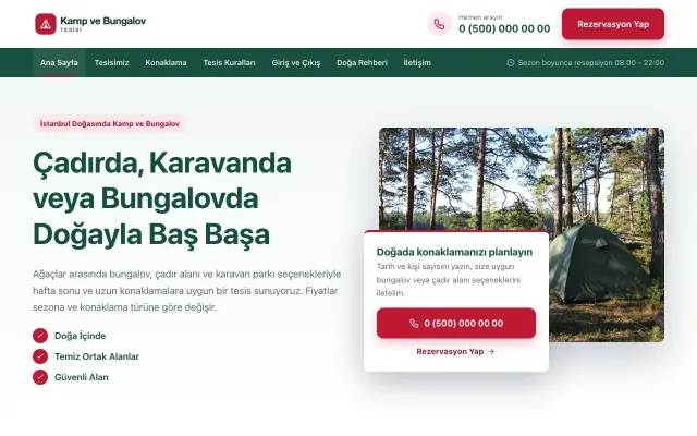 Bölünmüş Petrol Kırmızı – Kamp ve Bungalov Web Sitesi ana sayfa görünümü