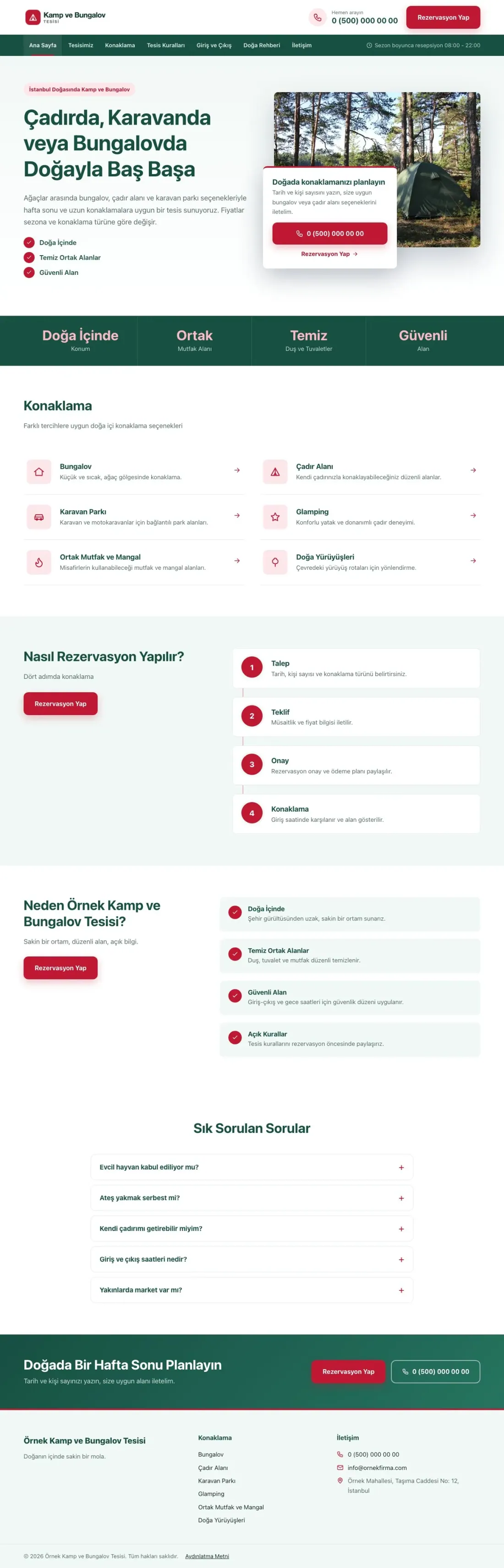 Bölünmüş Petrol Kırmızı – Kamp ve Bungalov Web Sitesi ana sayfa görünümü