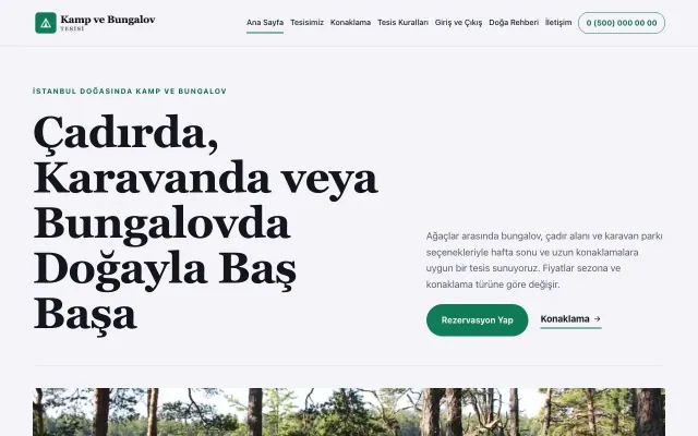 Editoryal Lacivert Turkuaz – Kamp ve Bungalov Web Sitesi ana sayfa görünümü