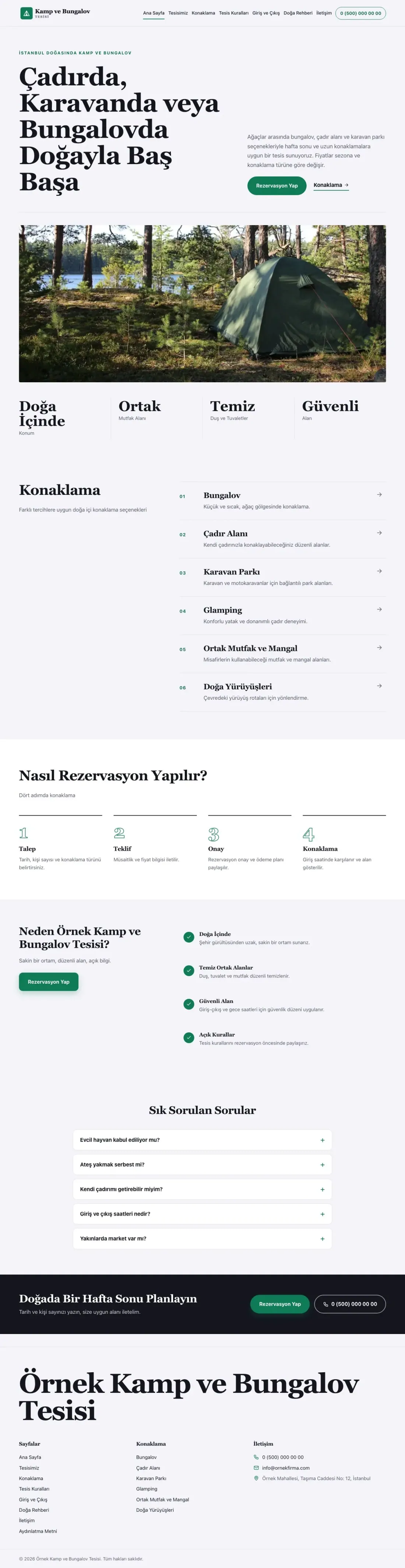 Editoryal Lacivert Turkuaz – Kamp ve Bungalov Web Sitesi ana sayfa görünümü