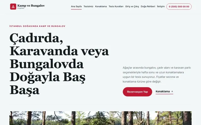 Editoryal Mavi Kırmızı – Kamp ve Bungalov Web Sitesi ana sayfa görünümü