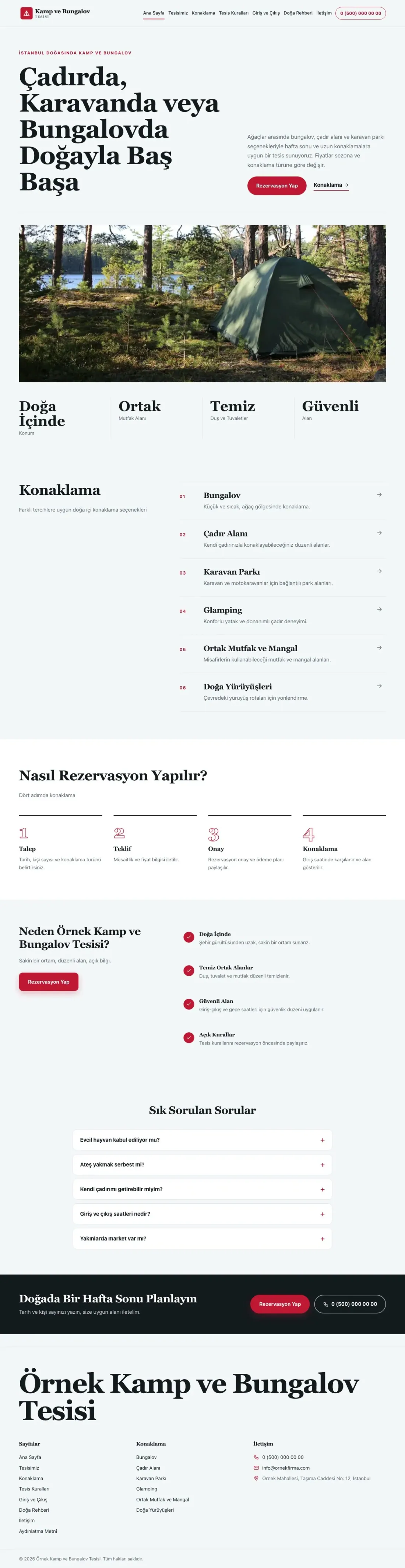 Editoryal Mavi Kırmızı – Kamp ve Bungalov Web Sitesi ana sayfa görünümü