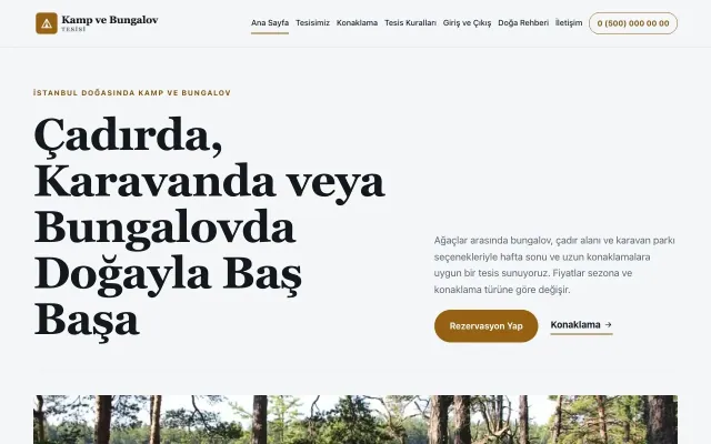 Editoryal Mavi Turuncu – Kamp ve Bungalov Web Sitesi ana sayfa görünümü