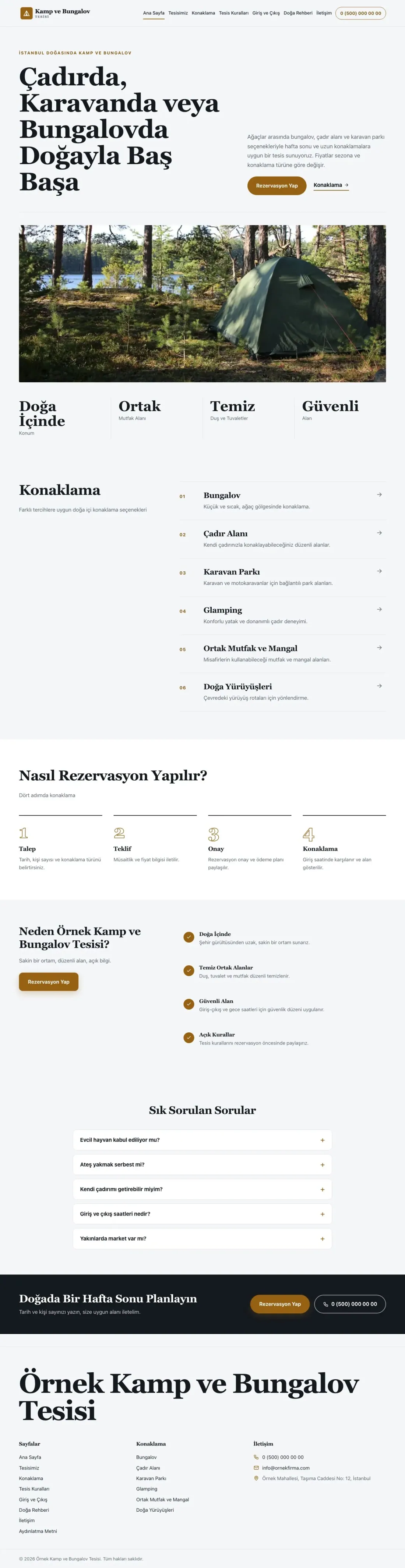 Editoryal Mavi Turuncu – Kamp ve Bungalov Web Sitesi ana sayfa görünümü