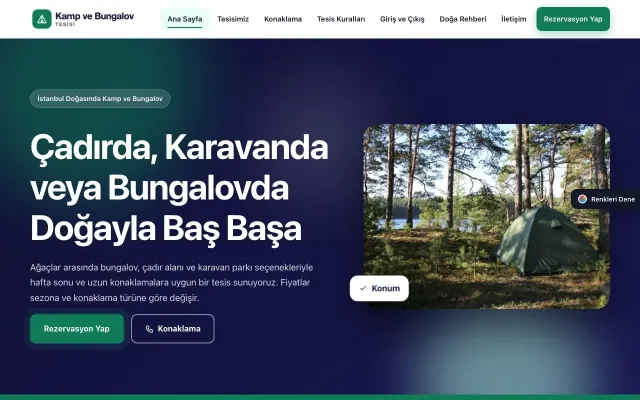 Kamp ve Bungalov için Hareketli Lacivert Turkuaz – Kamp ve Bungalov Web Sitesi ana sayfa görünümü