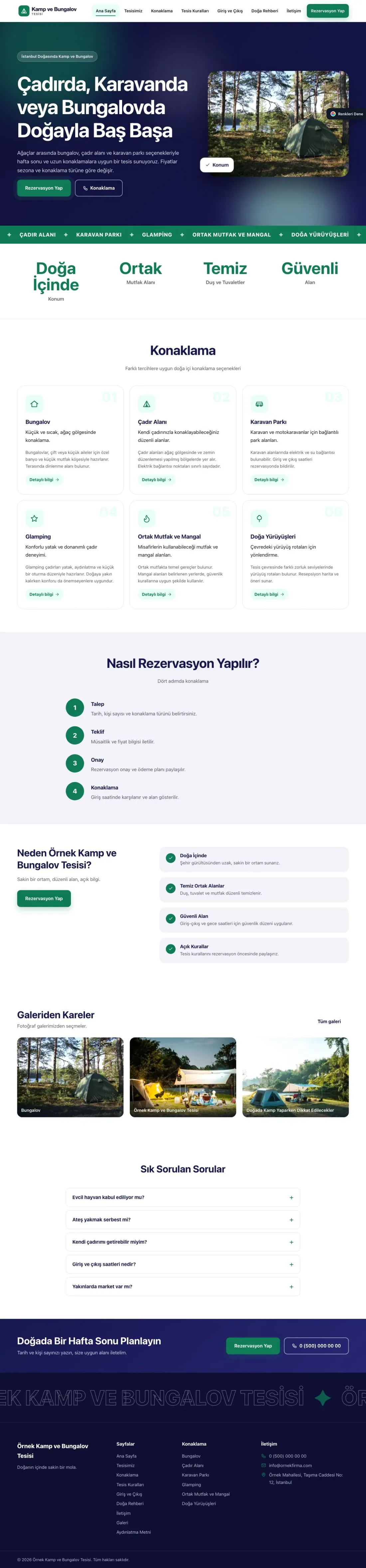 Kamp ve Bungalov için Hareketli Lacivert Turkuaz – Kamp ve Bungalov Web Sitesi ana sayfa görünümü