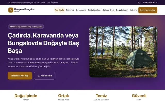 Klasik Mor Turuncu – Kamp ve Bungalov Web Sitesi ana sayfa görünümü