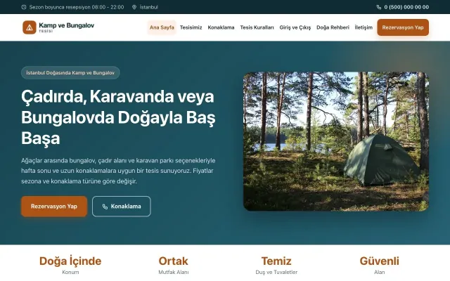 Klasik Petrol Turuncu – Kamp ve Bungalov Web Sitesi ana sayfa görünümü
