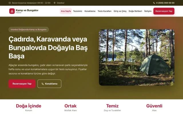 Klasik Zeytin Kırmızı – Kamp ve Bungalov Web Sitesi ana sayfa görünümü