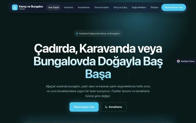 Kamp ve Bungalov için Koyu Modern Petrol Turkuaz – Kamp ve Bungalov Web Sitesi ana sayfa görünümü
