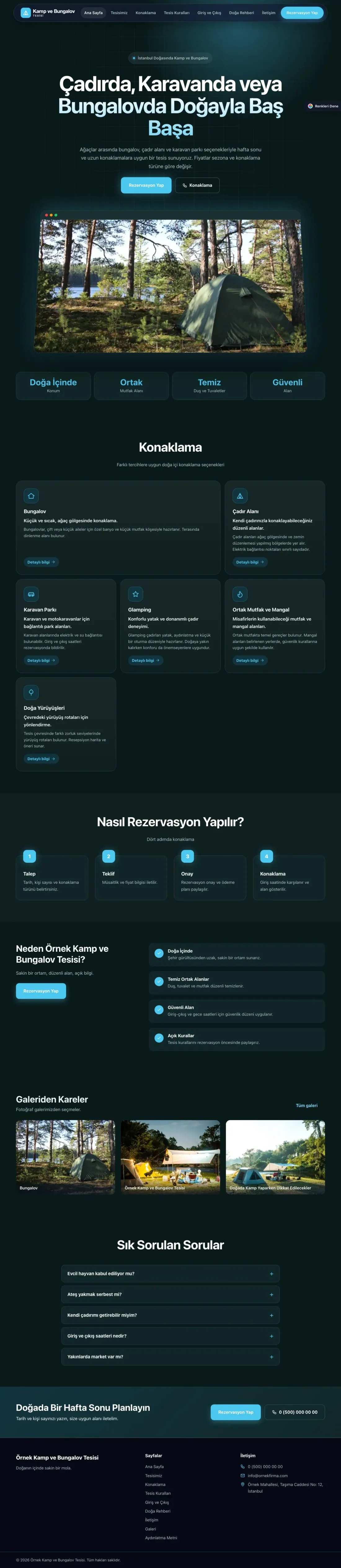 Kamp ve Bungalov için Koyu Modern Petrol Turkuaz – Kamp ve Bungalov Web Sitesi ana sayfa görünümü