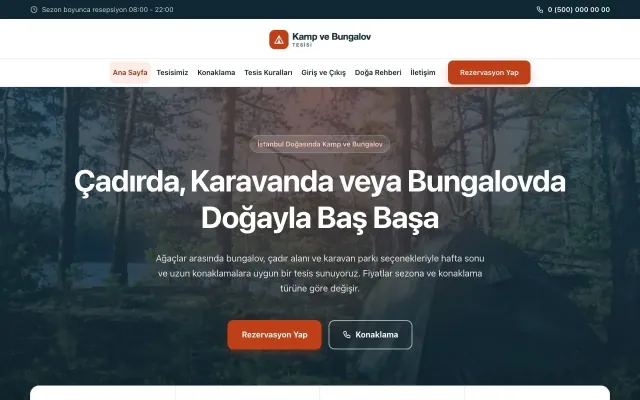 Merkez Mavi Turuncu – Kamp ve Bungalov Web Sitesi ana sayfa görünümü