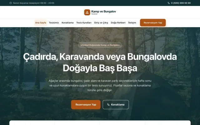 Merkez Petrol Turuncu – Kamp ve Bungalov Web Sitesi ana sayfa görünümü