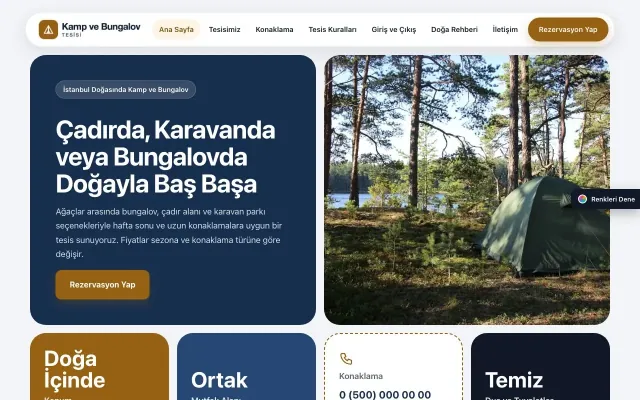 Kamp ve Bungalov için Mozaik Mavi Turuncu – Kamp ve Bungalov Web Sitesi ana sayfa görünümü