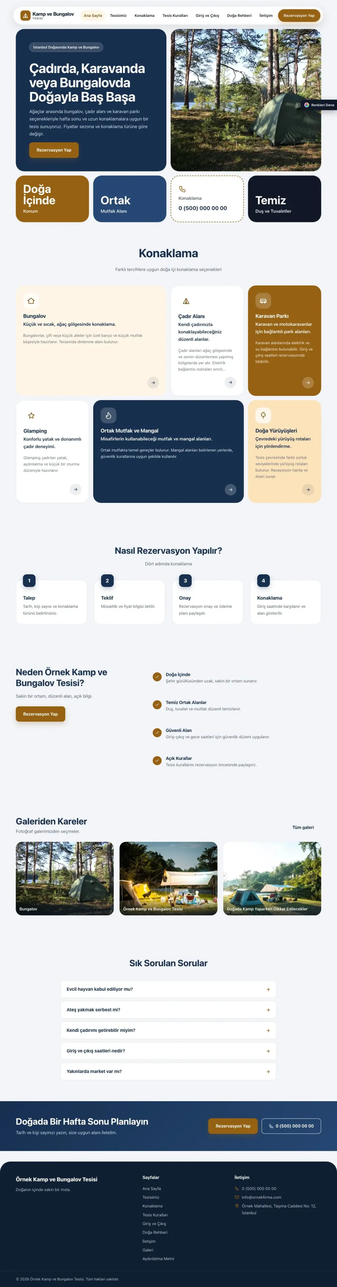 Kamp ve Bungalov için Mozaik Mavi Turuncu – Kamp ve Bungalov Web Sitesi ana sayfa görünümü
