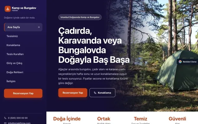 Kamp ve Bungalov için Sol Menü Lacivert Turuncu – Kamp ve Bungalov Web Sitesi ana sayfa görünümü