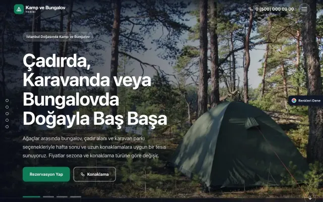 Kamp ve Bungalov için Tam Ekran Lacivert Turkuaz – Kamp ve Bungalov Web Sitesi ana sayfa görünümü