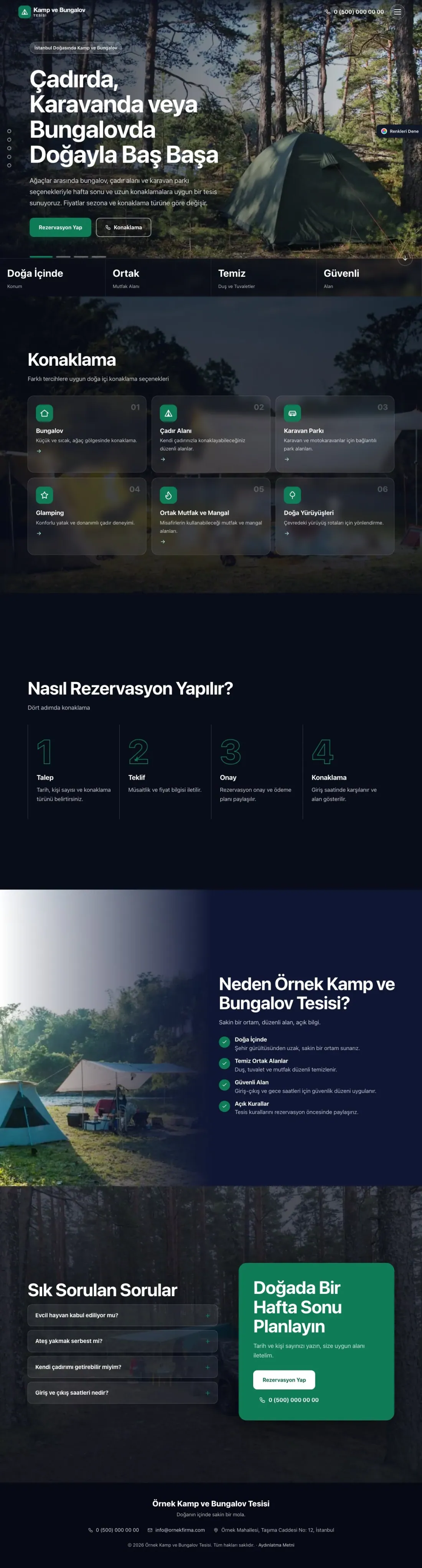 Kamp ve Bungalov için Tam Ekran Lacivert Turkuaz – Kamp ve Bungalov Web Sitesi ana sayfa görünümü