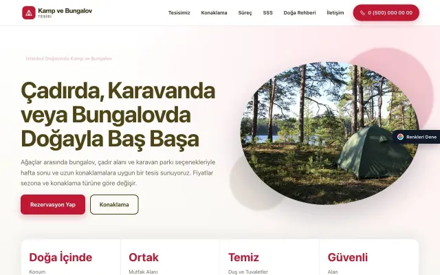 Kamp ve Bungalov için Tek Sayfa Zeytin Kırmızı – Kamp ve Bungalov Web Sitesi ana sayfa görünümü