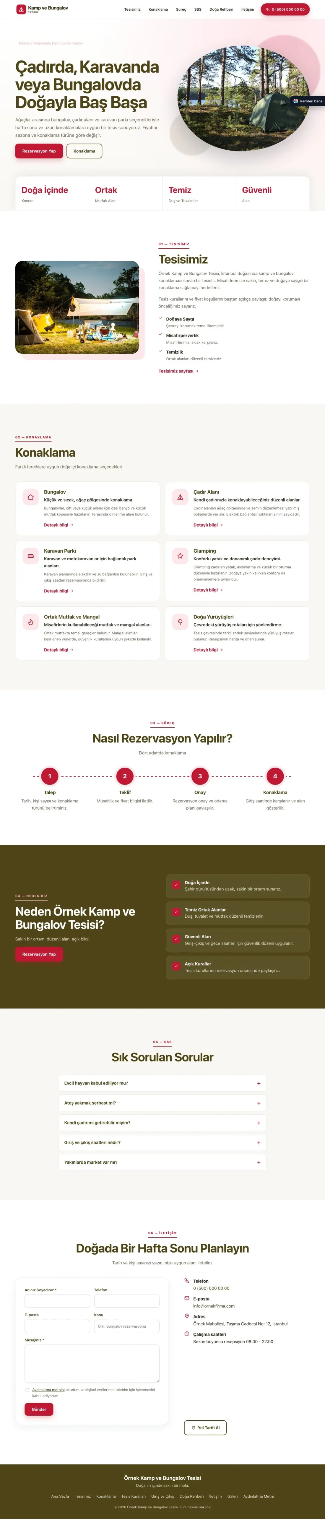 Kamp ve Bungalov için Tek Sayfa Zeytin Kırmızı – Kamp ve Bungalov Web Sitesi ana sayfa görünümü