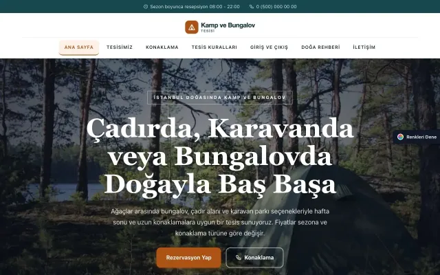 Kamp ve Bungalov için Zigzag Petrol Turuncu – Kamp ve Bungalov Web Sitesi ana sayfa görünümü