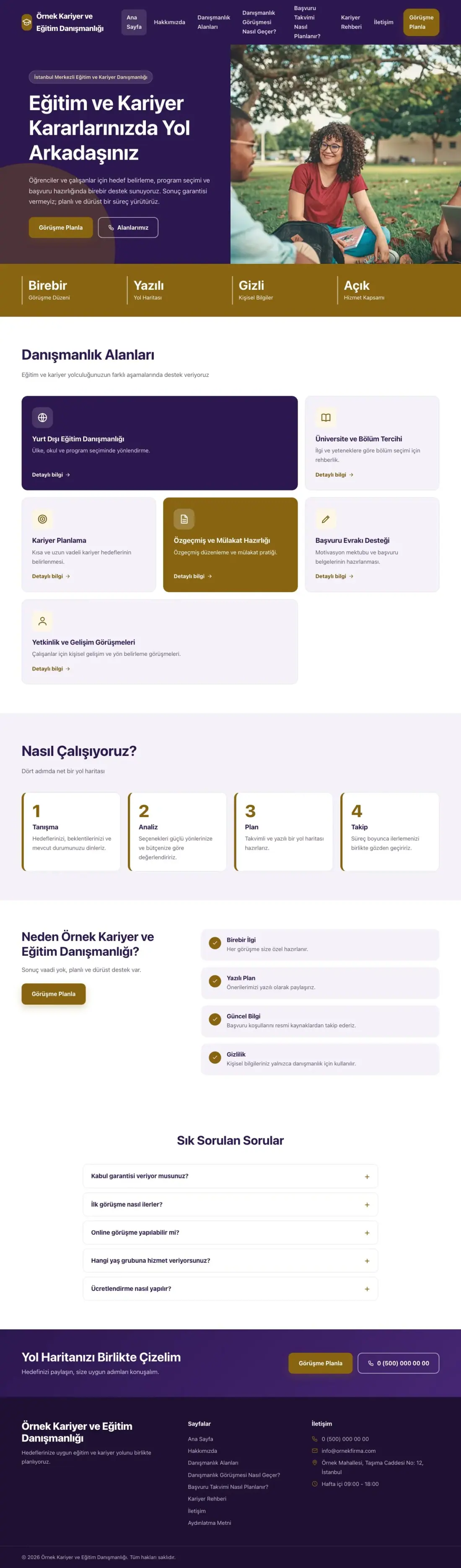 Kariyer ve Eğitim Danışmanlığı için Blok Mor Amber – Kariyer ve Eğitim Danışmanlığı Web Sitesi ana sayfa görünümü