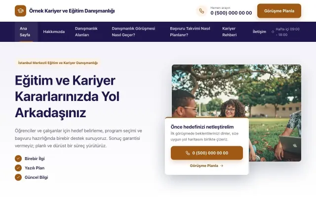 Kariyer ve Eğitim Danışmanlığı için Bölünmüş Lacivert Turuncu – Kariyer ve Eğitim Danışmanlığı Web Sitesi ana sayfa görünümü