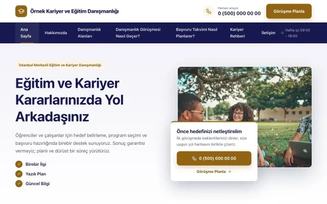 Kariyer ve Eğitim Danışmanlığı için Bölünmüş Lacivert Turuncu II – Kariyer ve Eğitim Danışmanlığı Web Sitesi ana sayfa görünümü