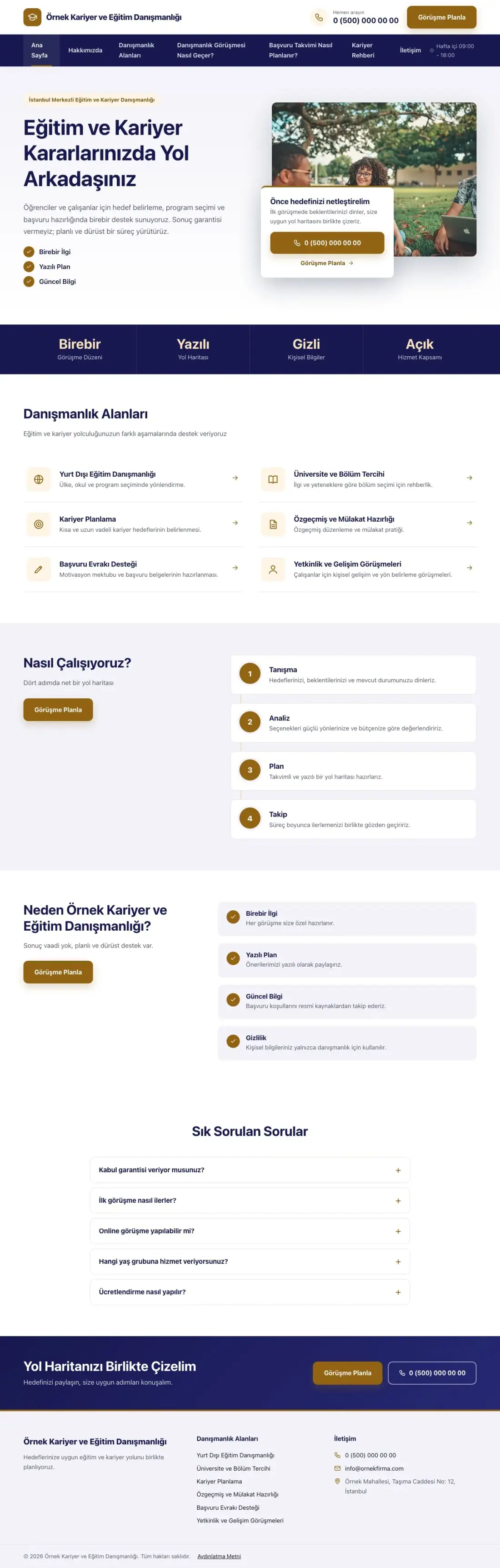 Kariyer ve Eğitim Danışmanlığı için Bölünmüş Lacivert Turuncu II – Kariyer ve Eğitim Danışmanlığı Web Sitesi ana sayfa görünümü