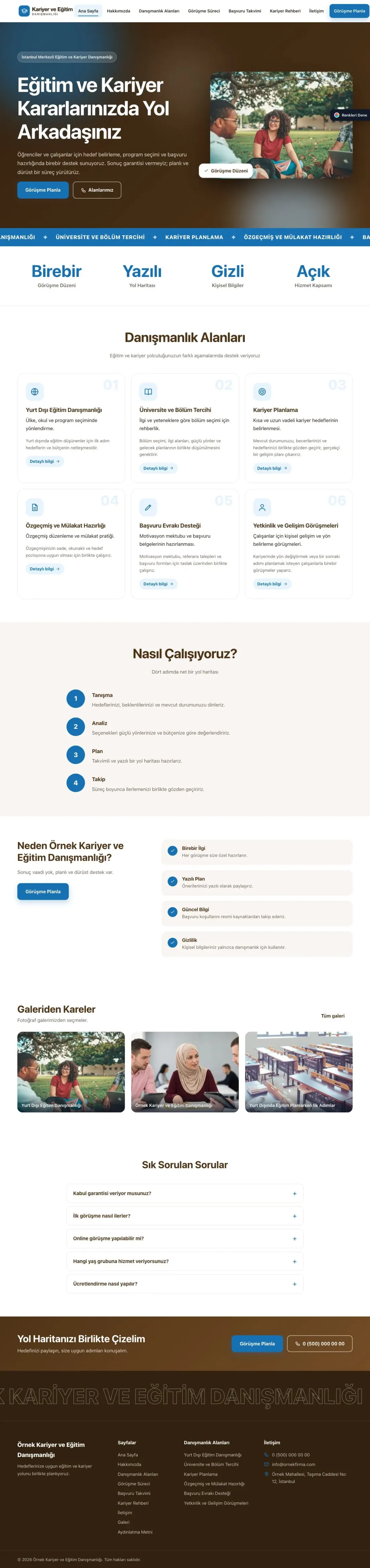 Kariyer ve Eğitim Danışmanlığı için Hareketli Kahve Mavi – Kariyer ve Eğitim Danışmanlığı Web Sitesi ana sayfa görünümü