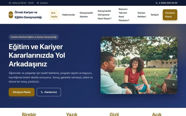 Kariyer ve Eğitim Danışmanlığı için Klasik Lacivert Amber – Kariyer ve Eğitim Danışmanlığı Web Sitesi ana sayfa görünümü