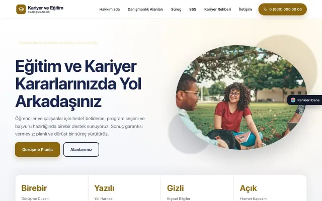Kariyer ve Eğitim Danışmanlığı için Tek Sayfa Lacivert Amber – Kariyer ve Eğitim Danışmanlığı Web Sitesi ana sayfa görünümü