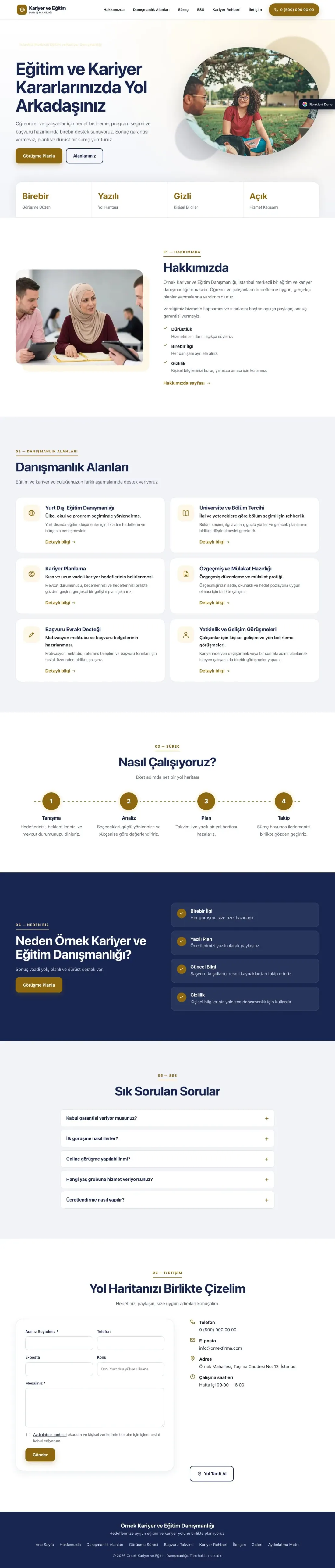 Kariyer ve Eğitim Danışmanlığı için Tek Sayfa Lacivert Amber – Kariyer ve Eğitim Danışmanlığı Web Sitesi ana sayfa görünümü