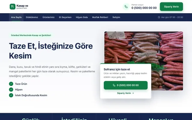 Kasap ve Şarküteri için Bölünmüş Mavi Yeşil – Kasap ve Şarküteri Web Sitesi ana sayfa görünümü