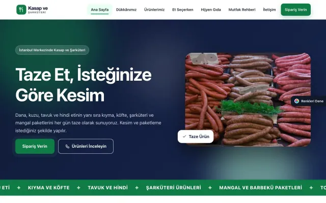 Kasap ve Şarküteri için Hareketli Mavi Yeşil – Kasap ve Şarküteri Web Sitesi ana sayfa görünümü