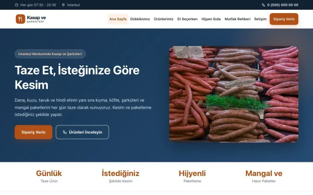 Kasap ve Şarküteri için Klasik Mavi Turuncu – Kasap ve Şarküteri Web Sitesi ana sayfa görünümü