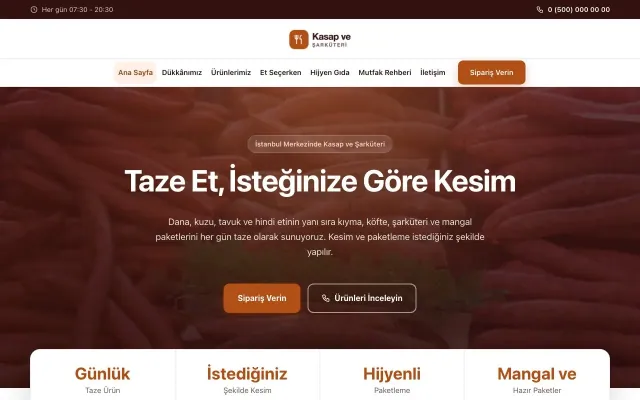 Kasap ve Şarküteri için Merkez Bordo Turuncu – Kasap ve Şarküteri Web Sitesi ana sayfa görünümü